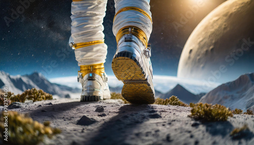 Astronaut in spacesuit walking on lunar surface with Earth in background, symbolizing exploration and humanity's reach beyond photo