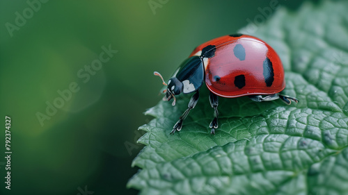 A close-up of a ladybug crawling on a green leaf