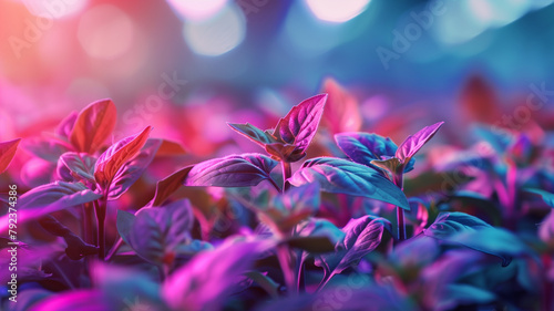 A close-up of colorful plants growing in a controlled environment under laboratory lights, representing advancements in agriculture