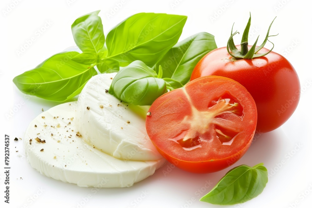 Isolated mozzarella cheese tomato basil on white background Isolated mozzarella cheese tomato basil on white background