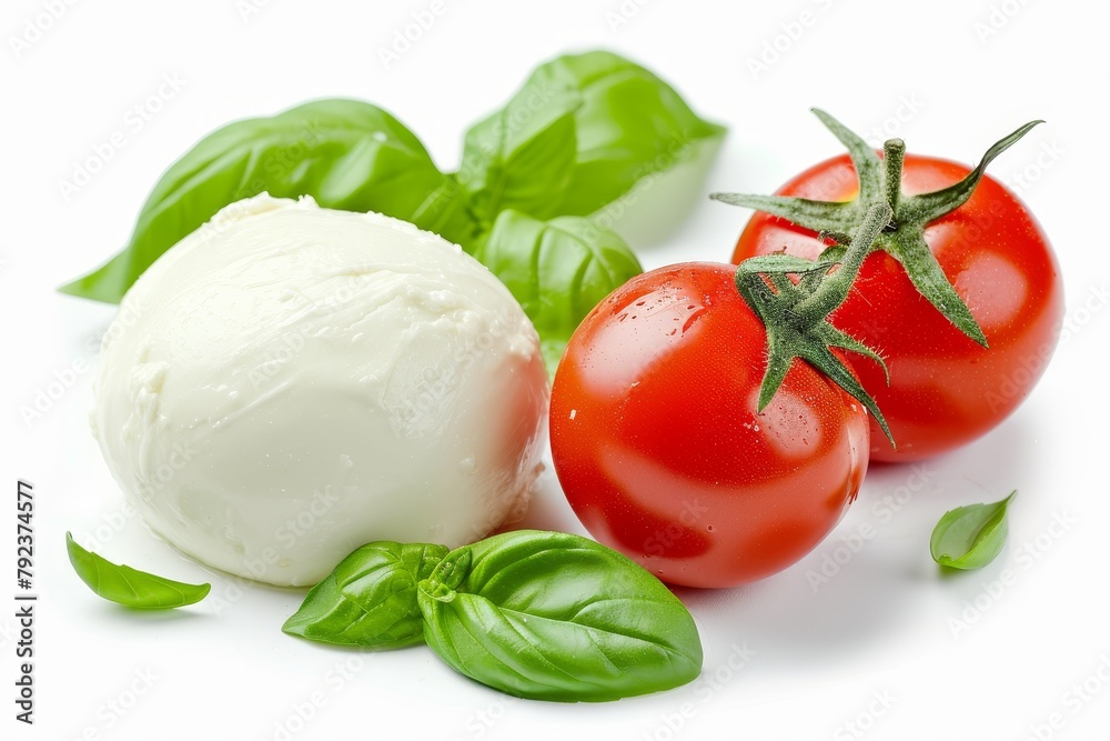Isolated mozzarella tomatoes and basil on white background