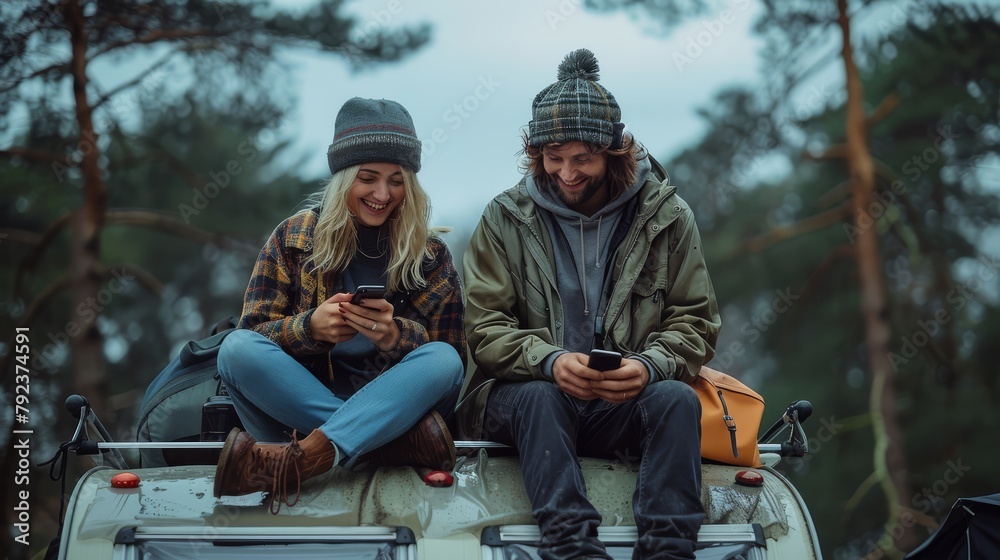 Happy couple using mobile phone while sitting on the roof of their camping car in nature.