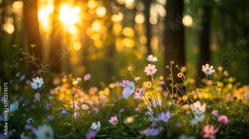 Wildflowers in a forest meadow with warm sunlight filtering through trees.