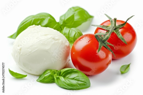 Isolated mozzarella tomatoes and basil on white background
