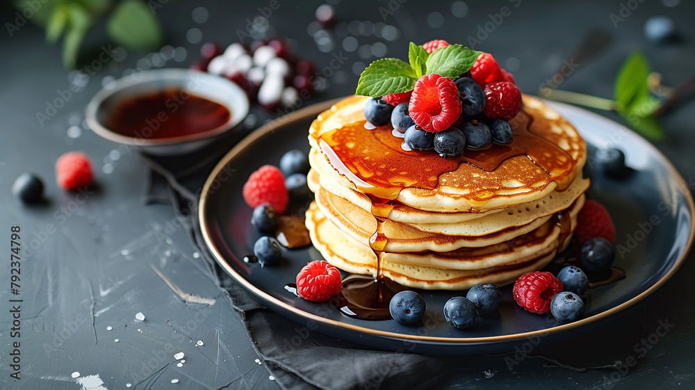A plate of fluffy pancakes with fresh berries and maple syrup A plate of fluffy pancakes with fresh berries and maple syrup