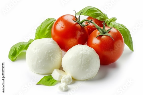 Isolated on white background Mozzarella cheese balls with basil and tomatoes