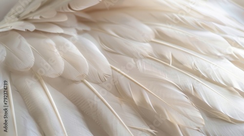 Detailed close-up of soft white bird feathers, showcasing natural texture and patterns. © tashechka
