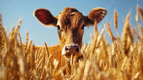 A curious cow stands amidst a golden wheat field during sunset, offering a pastoral and serene vibe. photo