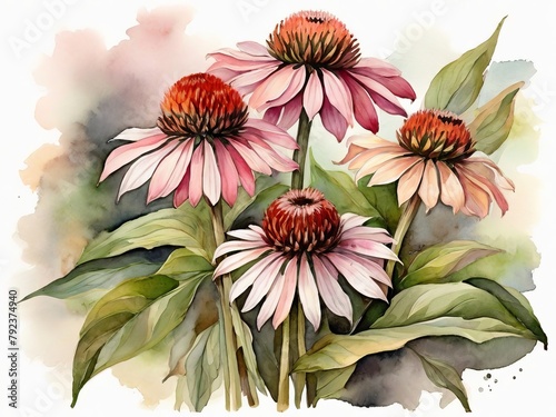 Watercolor painting,  clip art of Echinacea flowers, cone flower of pink-purple color