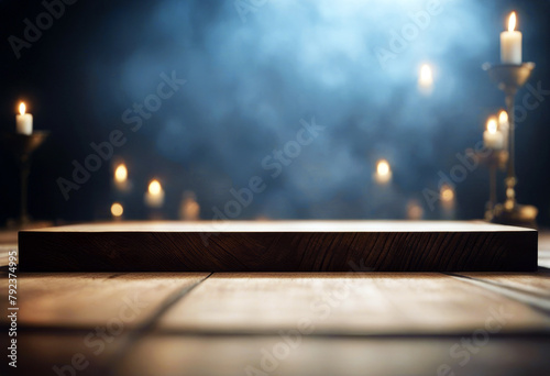 'platform dark Oak planks smoke wood table podium poduim halloween dais wooden black plank textured steam room spotlight stage floor background empty blue texture place' photo