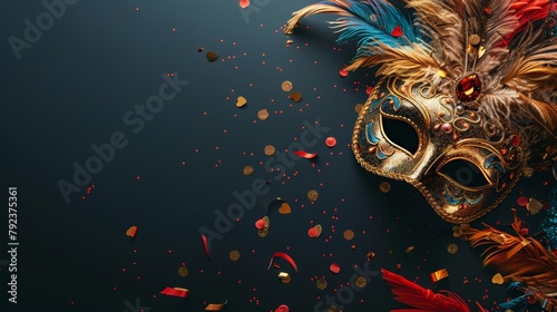 An ornate Venetian mask adorned with feathers and jewels, lying on a dark, festive background.