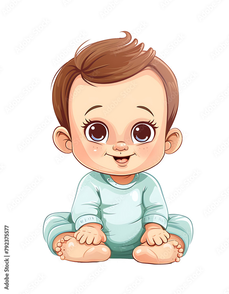 Adorable cartoon baby boy with big blue eyes sitting, vector clipart. Generative AI Adorable cartoon baby boy with big blue eyes sitting, vector clipart. Generative AI