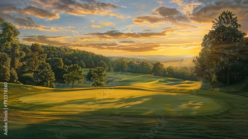Early morning serenity on a golf course, with the sunrise painting the landscape in hues of gold and green photo