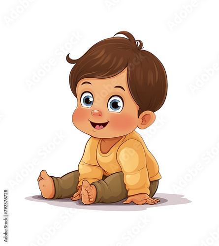 Adorable cartoon baby boy with big blue eyes sitting, vector clipart. Generative AI