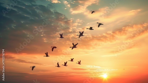 A flock of geese flying in a V-shaped formation against a dramatic sky, symbolizing teamwork and cooperation in nature.