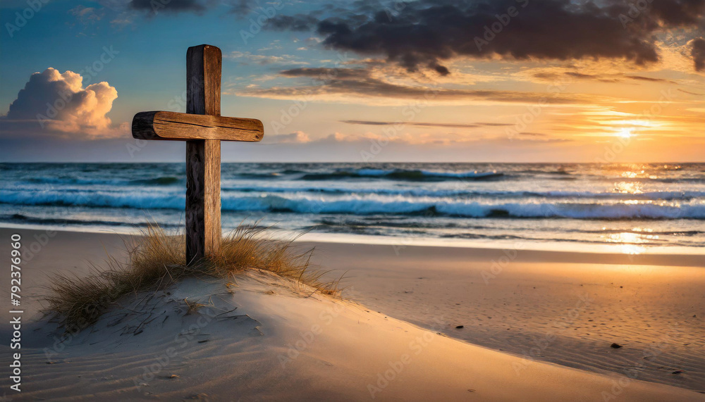 Wooden cross standing in sand with sea backdrop at sunset, evoking peace, spirituality, and tranquility Wooden cross standing in sand with sea backdrop at sunset, evoking peace, spirituality, and tranquility