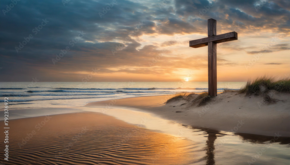 Wooden cross standing in sand with sea backdrop at sunset, evoking peace, spirituality, and tranquility Wooden cross standing in sand with sea backdrop at sunset, evoking peace, spirituality, and tranquility