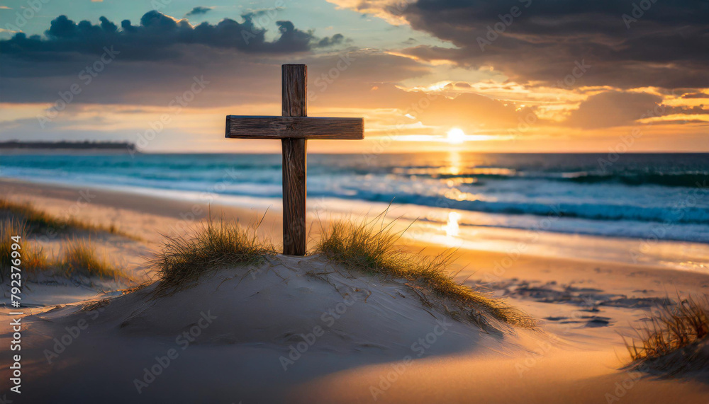Wooden cross standing in sand with sea backdrop at sunset, evoking peace, spirituality, and tranquility Wooden cross standing in sand with sea backdrop at sunset, evoking peace, spirituality, and tranquility