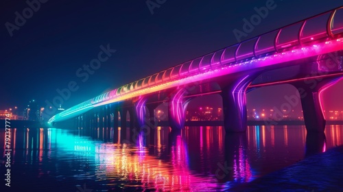A futuristic pedestrian bridge illuminated with colorful LED lights, creating a dazzling spectacle over the tranquil waters of the river. photo