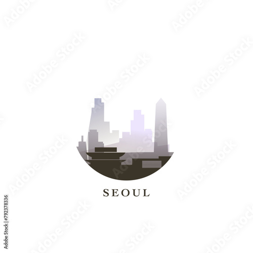 Seoul cityscape, gradient vector badge, flat skyline logo, icon. South Korea capital city round emblem idea with landmarks and building silhouettes. Isolated graphic
