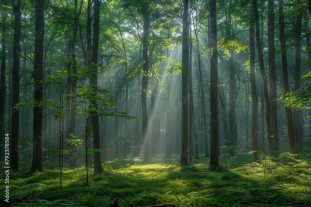 A forest with sunlight shining through the trees. A forest with sunlight shining through the trees.