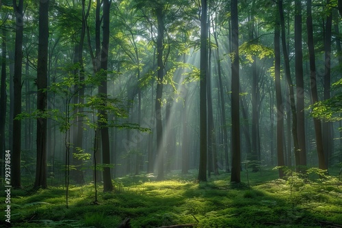 A forest with sunlight shining through the trees.