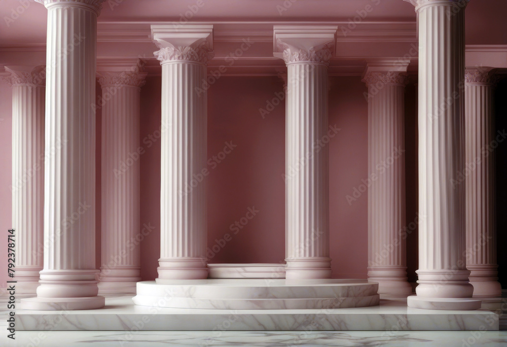 'Minimal scene 3d podium marble Greek columns pedestal ancient room illustration realistic style Pink classic colonnade poduim display platform studio three-dimensional show stage'