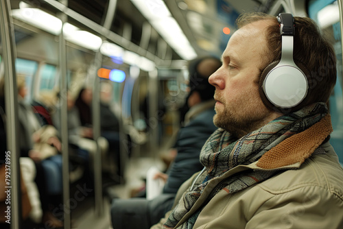 A commuter enjoying music through headphones, the tunes evidently improving their journey photo