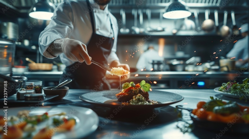 A dreamy outoffocus shot of a chef preparing a visually stunning dish in a modern welllit kitchen evoking the refined and meticulous techniques used in premium dining establishments. . A dreamy outoffocus shot of a chef preparing a visually stunning dish in a modern welllit kitchen evoking the refined and meticulous techniques used in premium dining establishments. .