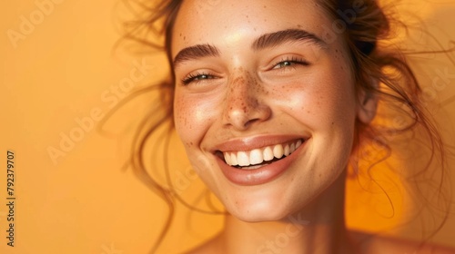 A joyful woman with a fresh, youthful complexion, radiating happiness and vitality