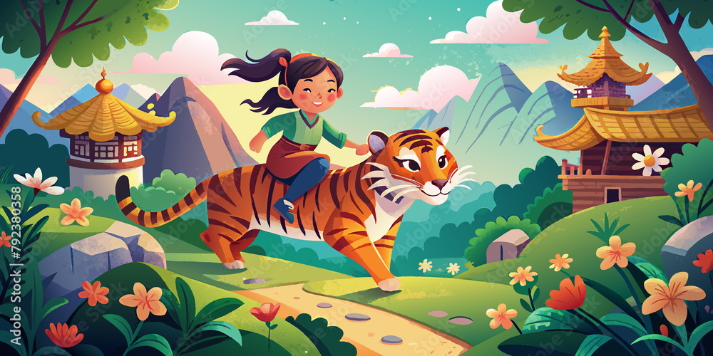 cute action of girl riding a tiger, happy moment