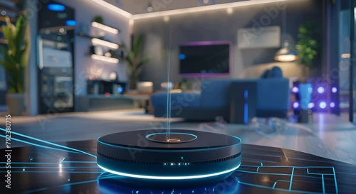 Futuristic 5G router emitting strong signal waves, powering a seamless smart home ecosystem, photo