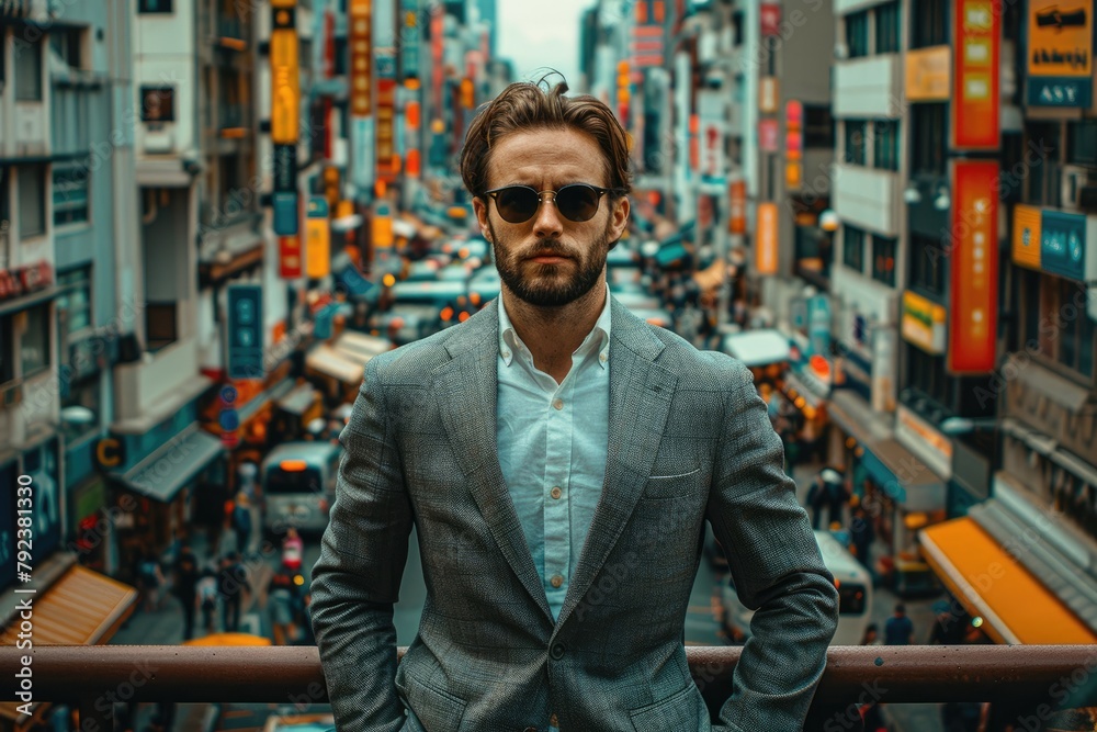 Fototapeta premium A business suit and sunglasses poised on a balcony railing, with a view of a bustling city market below