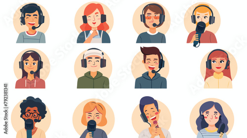 Set of cartoon smiling people listening and recordi photo