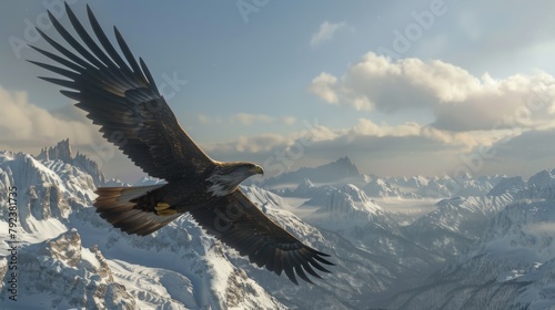A majestic eagle soaring high above the mountaintops, surveying its domain with keen eyes and unwavering confidence.