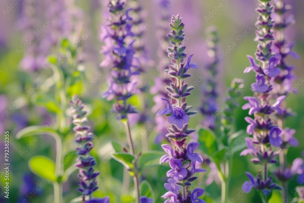 Lush field of aromatic herbs sage with a close up of lilac colored clary sage blooms Lush field of aromatic herbs sage with a close up of lilac colored clary sage blooms