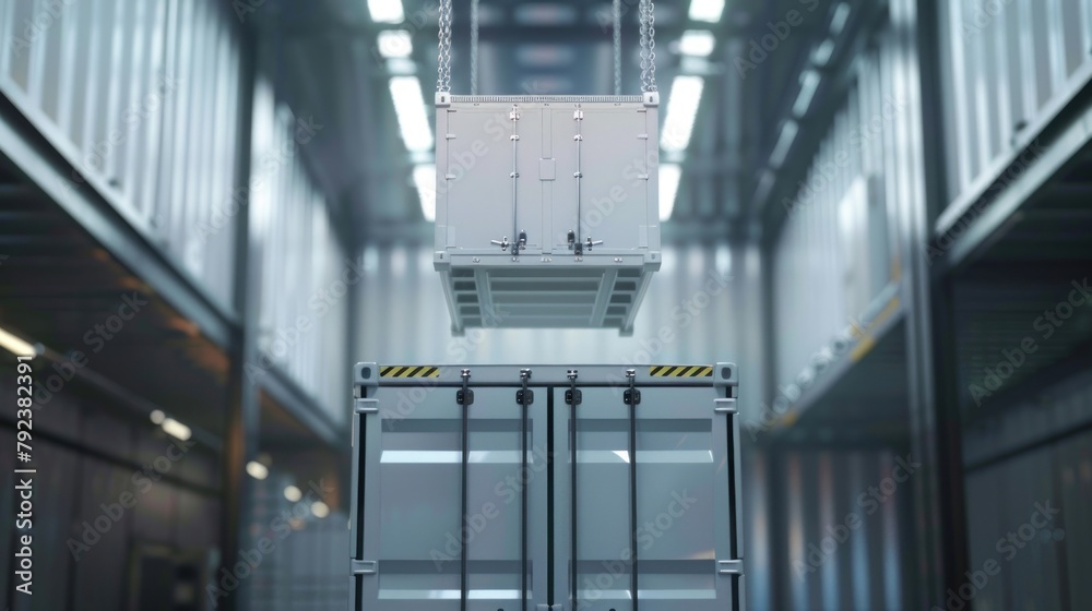 A container warehouse is below the freezer floating in the air. A container warehouse is below the freezer floating in the air.