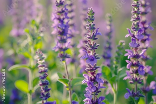 Lush field of aromatic herbs sage with a close up of lilac colored clary sage blooms