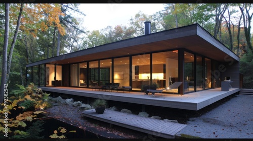 A minimalist modern house with sleek lines and large windows, blending seamlessly into its natural surroundings.