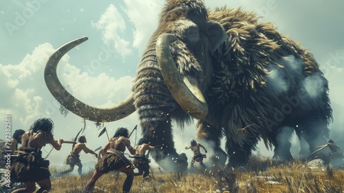 Hunting scene of a team of primitive caveman attacking a giant mammoth in a natural field.