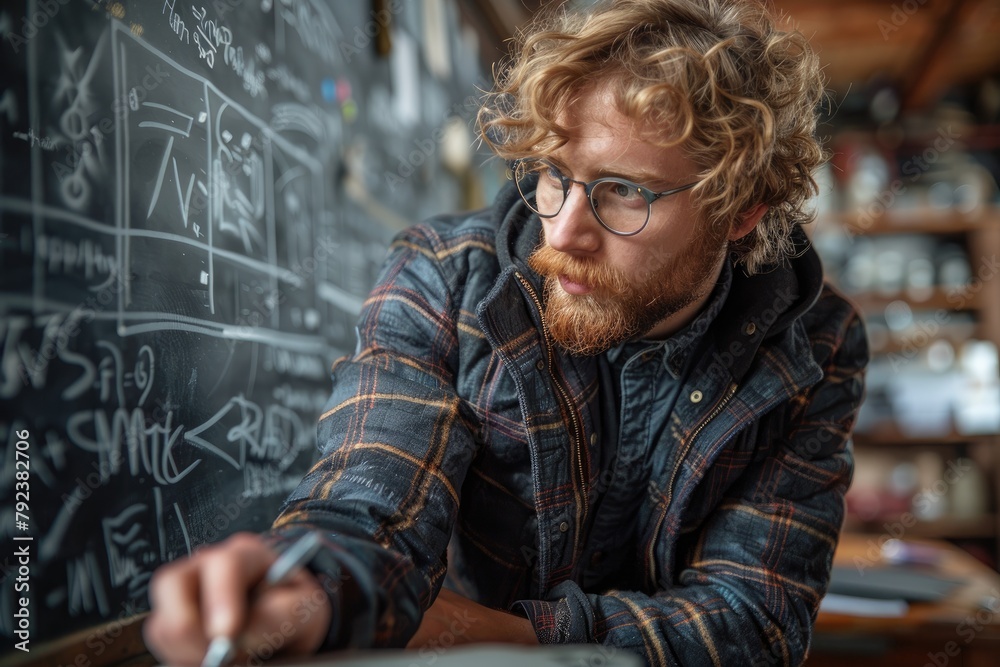 A mathematician solving complex equations on a chalkboard, in pursuit of a new theorem A mathematician solving complex equations on a chalkboard, in pursuit of a new theorem