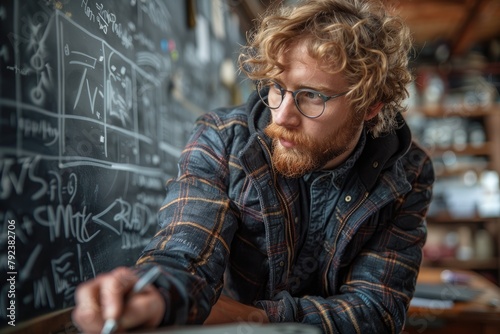 A mathematician solving complex equations on a chalkboard, in pursuit of a new theorem