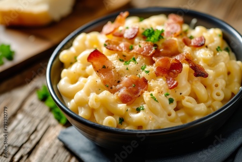 Mac and cheese topped with bacon strips photo