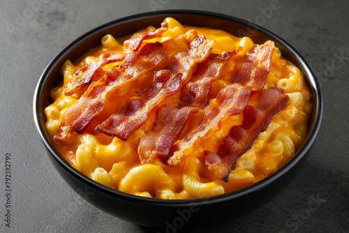 Mac and cheese with bacon slices photo