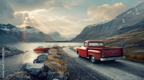 A pickup truck pulls a vintage red long-tail boat on a beautiful road. On the side is the water's edge, with mountains shining with light. color saturation © somchai20162516