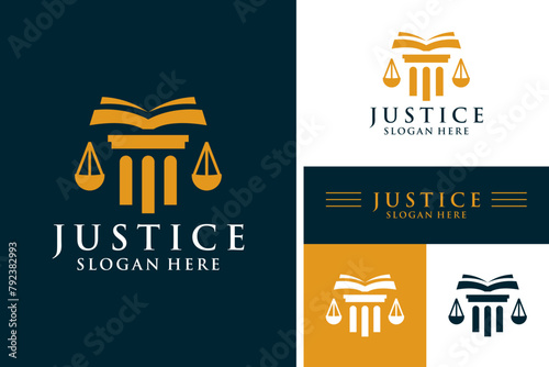 Law firm logo design vector. Justice scale and book icon template inspiration