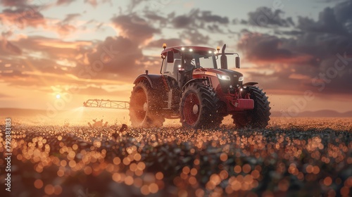 Irrigation tractor spraying or harvesting agricultural crops at sunset with infrared information is a banner design for agriculture and food production industry. photo