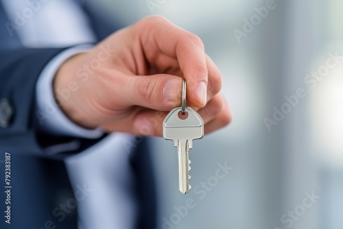Male businessman or real estate agent handing over key to client after contract signing in office representing real estate transaction or property acquisition