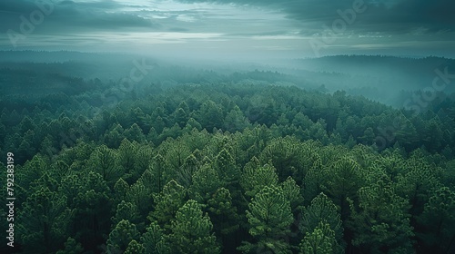 Drone shot and tree tops of a healthy pine forest and cloudy moonlight night sky. Generative AI.