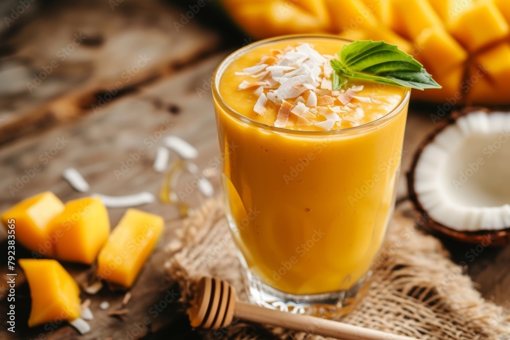 Mango smoothies on pink and blue background for summer party drinks Mango smoothies on pink and blue background for summer party drinks
